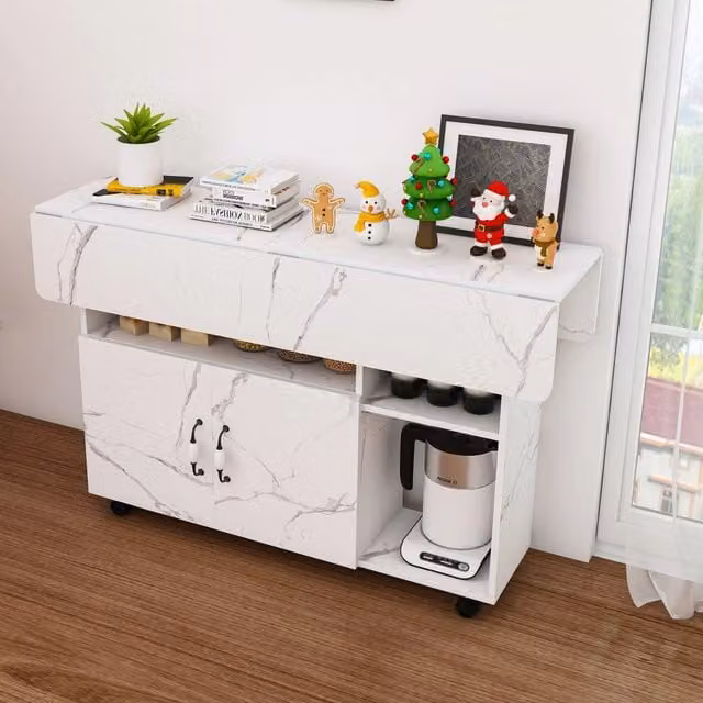 Tavolo da pranzo rettangolare pieghevole e mobile 110x70x80 cm, finitura marmo bianco, con 5 ripiani e 5 ruote girevoli (4 con freno), salvaspazio per cucina, ufficio