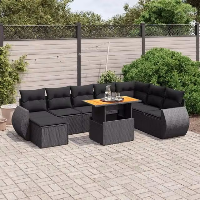 Set Divani da Giardino 9 pz con Cuscini Nero in Polyrattan 3275848