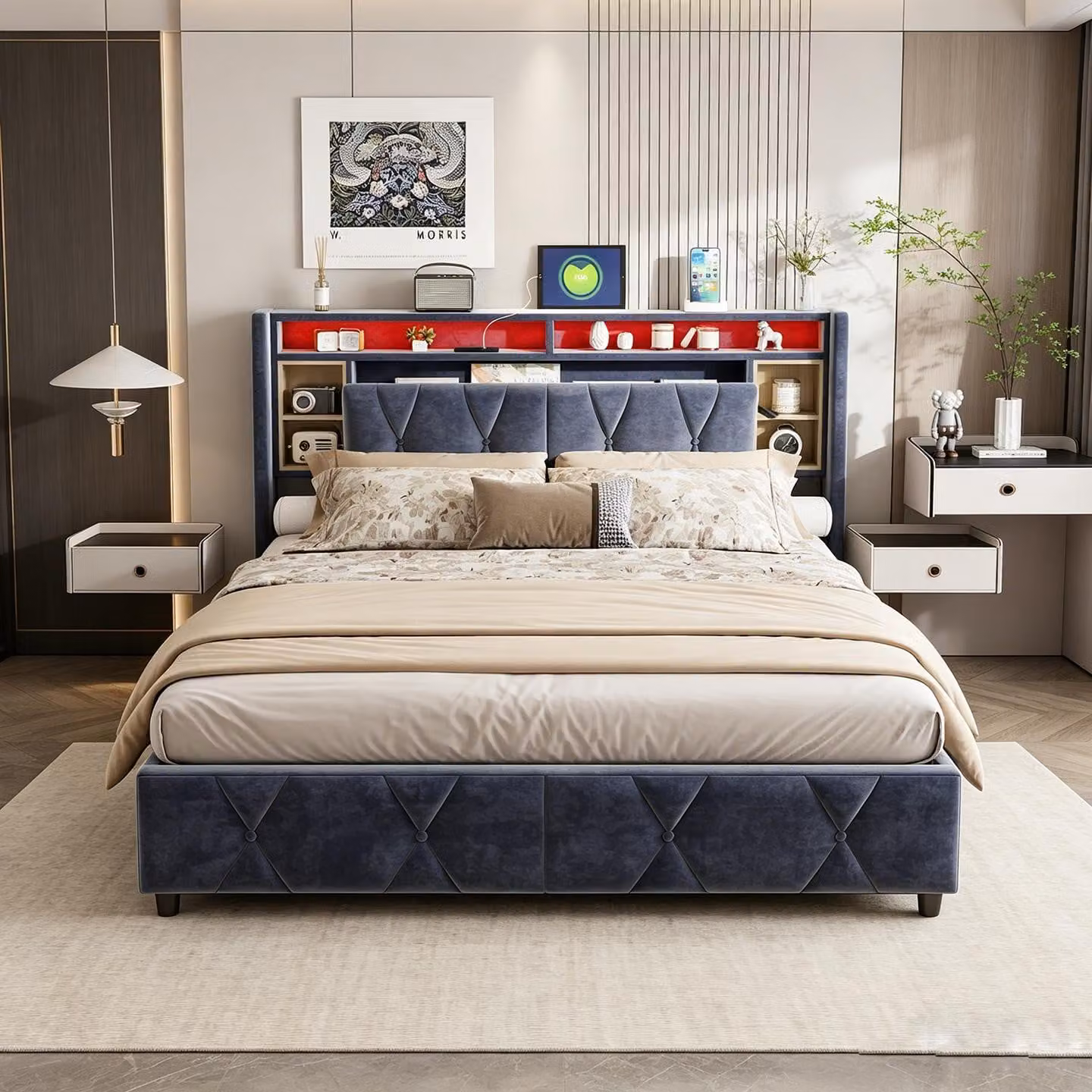 Letto matrimoniale con boxspring 140x200, con funzione di ricarica (USB e Type-C), letto imbottito per ragazzi con LED, letto matrimoniale con sistema di sollevamento idraulico, letto contenitore, rivestito in velluto, colore grigio.