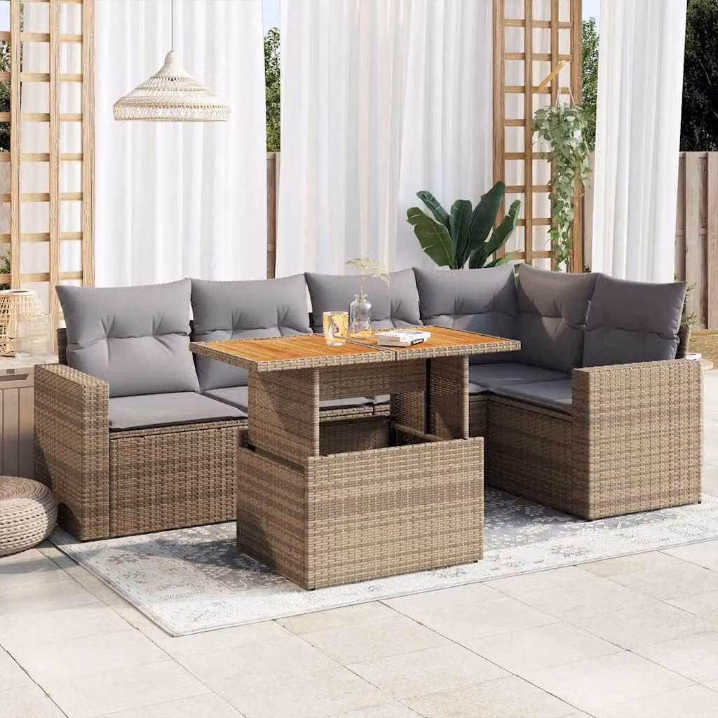 Set Divano da Giardino vidaXL 6 pz a Forma a L con Cuscini Beige e Tavolino da Esterno in Polyrattan e Acciaio