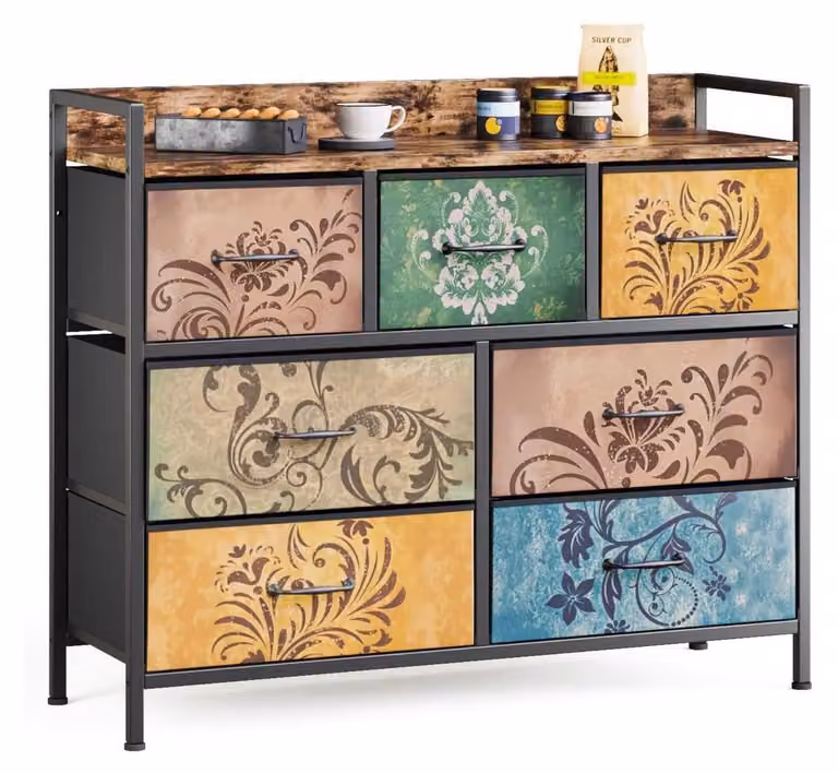 Comodino con 7 cassetti, rivestito in tessuto, struttura in metallo, motivo floreale vintage, dimensioni 99 x 84 x 30 cm, colore marrone vintage