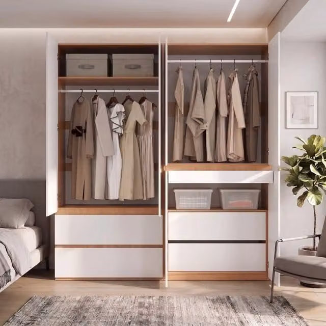 Armadio a 6 ante con 5 cassetti e 2 aste appendiabiti, bianco e rovere, per camera da letto, 180×50×200 cm