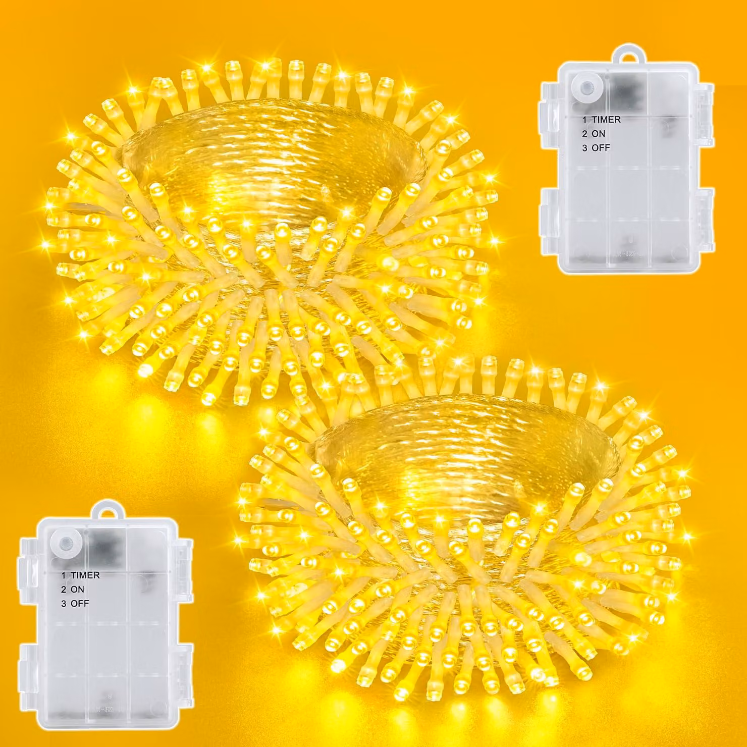 Catena luminosa da 3 metri, con 30 LED, luce bianco caldo, impermeabile, con timer, confezione da 2 pezzi