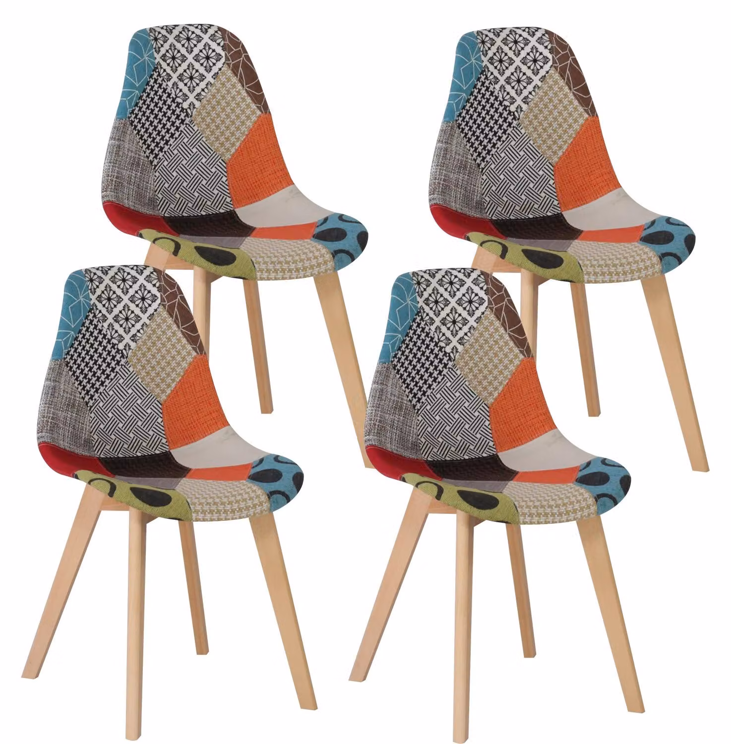 Set di 4 sedie da pranzo - Sedie imbottite in tessuto - Design retrò moderno - Gambe in legno - Motivo patchwork - Colore: rosso e multicolore