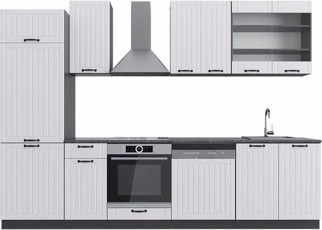 Cucina componibile Vicco Fame-Line in stile country house, Bianco rustico e Antracite, L: 300 cm