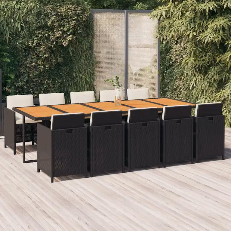 Set da pranzo da giardino vidaXL in legno di acacia e polyrattan nero con 11 pezzi e cuscini