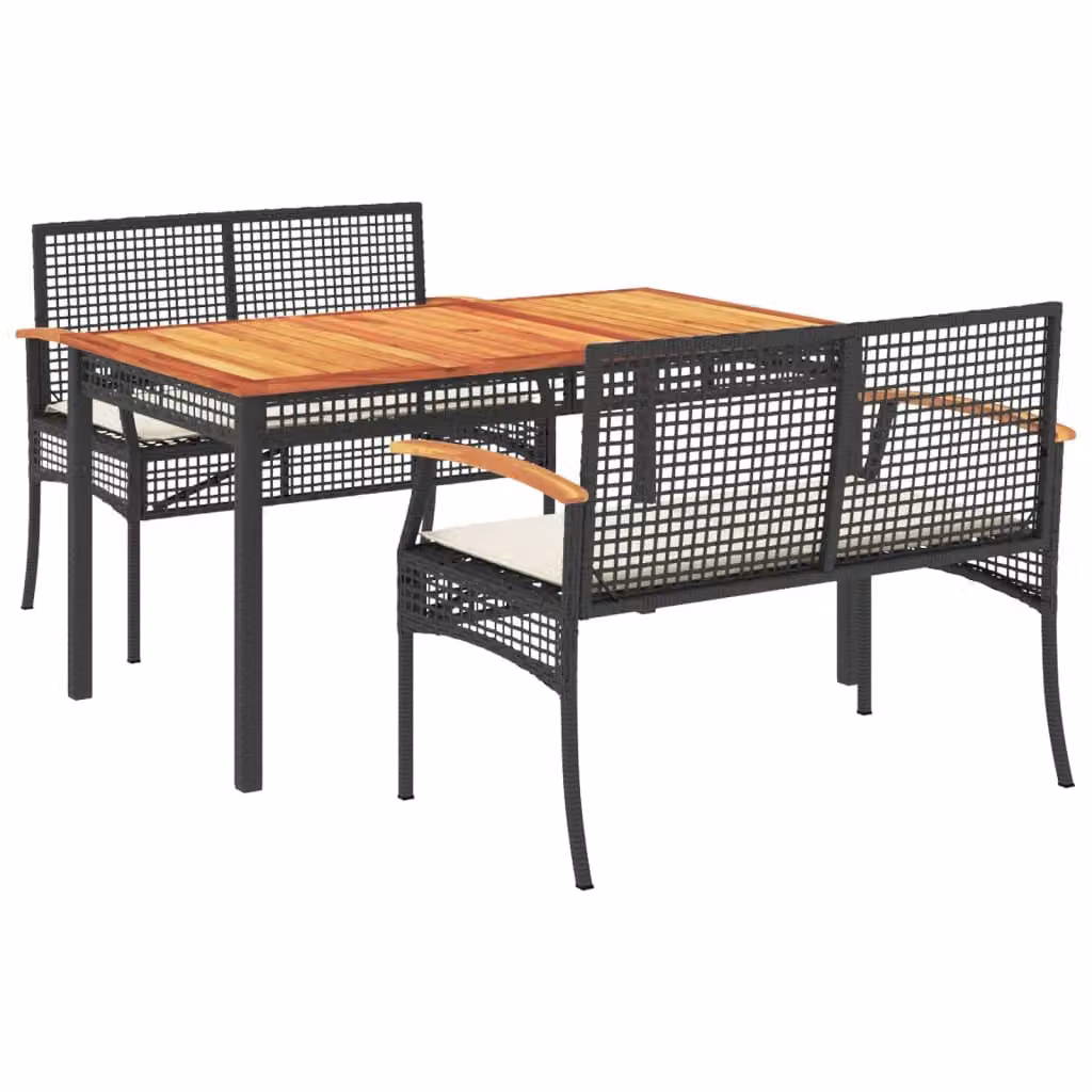 Set da Pranzo da Giardino 3 pz con Cuscini Nero in Polyrattan