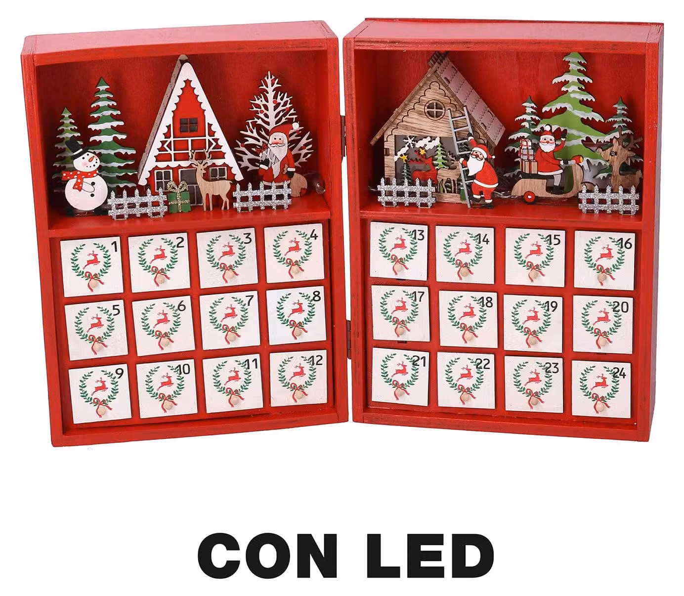 Calendario dell'Avvento in Legno con Led rosso cm 36x6xh24