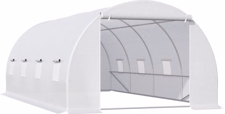 Serra Moonbite, grande, dimensioni 595x300x200 cm, con 8 finestre a rete apribili, porta scorrevole con cerniera, copertura in polietilene trasparente e struttura in metallo, colore bianco