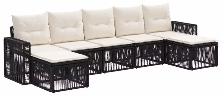 Set da giardino composto da 7 pezzi, in rattan sintetico nero e crema