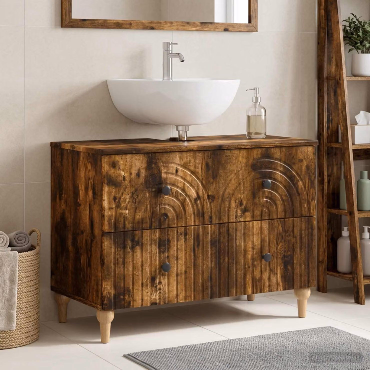 Armadio per lavabo da bagno moderno vidaXL ALKMAAR in legno e metallo, colore marrone e nero, L: 82 cm, P: 41 cm, H: 59 cm