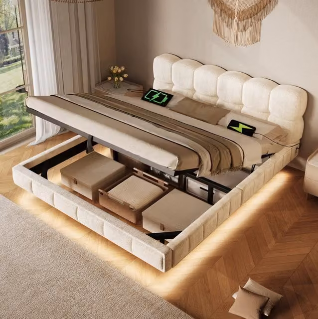 Letto matrimoniale imbottito contenitore 140x200 cm in ciniglia beige con LED e USB/Type-C