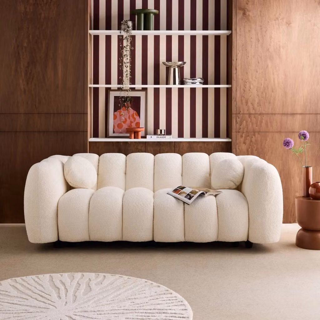 Divano moderno a tre posti Sweeek in tessuto bouclé bianco con coperture rimovibili e cuscini inclusi – 2