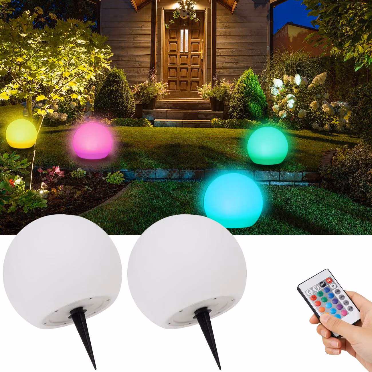 Set da 2 sfere luminose a LED solari, Ø 30 cm, RGBW con telecomando, 60 lm, IP67. Sfere luminose con cambio di colore per giardino e terrazza, resistenti alle intemperie e senza fili