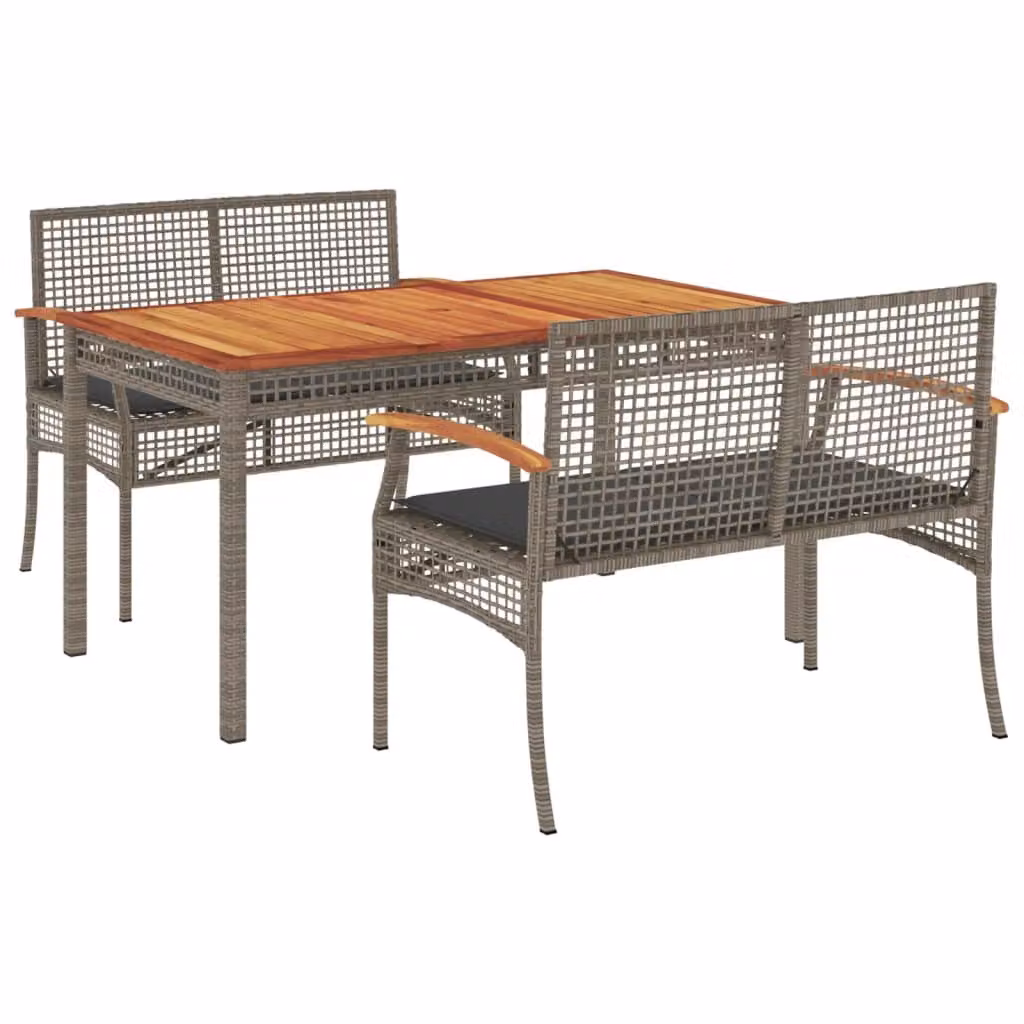 Set da Pranzo da Giardino 3 pz con Cuscini in Polyrattan Grigio