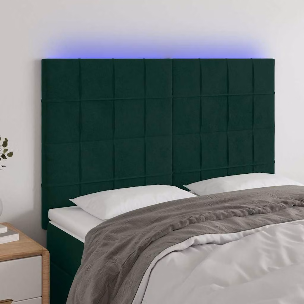 Testiera per letto vidaXL in velluto verde scuro con illuminazione LED e porta di ricarica USB, L 144 cm, H 118-128 cm, P 5 cm