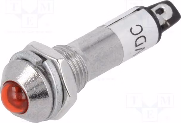 5 indicatori: LED convessi, 12 VDC, foro di montaggio: Ø 8,2 mm, grado di protezione IP40, metallo. IND8-12R-A, indicatore LED