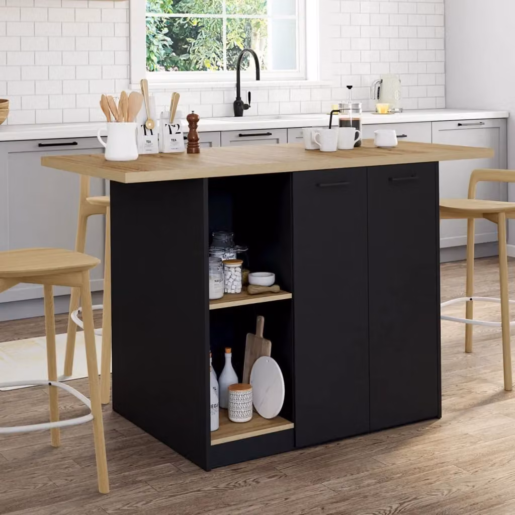 Isola centrale da cucina IDMarket BAO per 4 persone in legno nero con piano effetto faggio L: 140 cm, P: 90 cm, H: 70 cm – 2