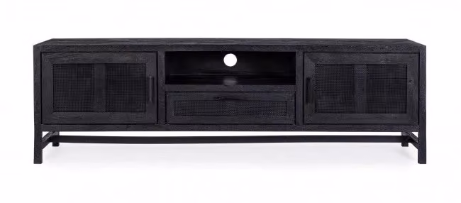 Mobile TV Weston GIORDANOSHOP con 2 ante e 1 cassetto in legno e rattan, colore nero e mango, L: 180 cm, P: 40 cm, H: 55 cm – 2