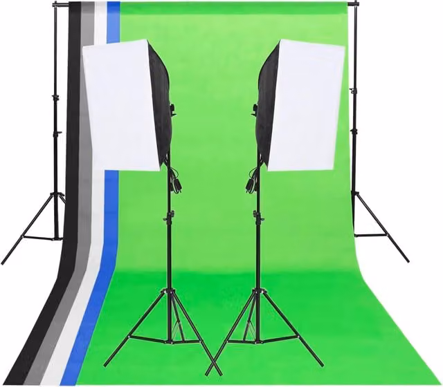 Kit di illuminazione da studio professionale con softbox bianchi e fondali colorati nero, bianco, grigio, blu e verde con treppiedi in alluminio e luci LED