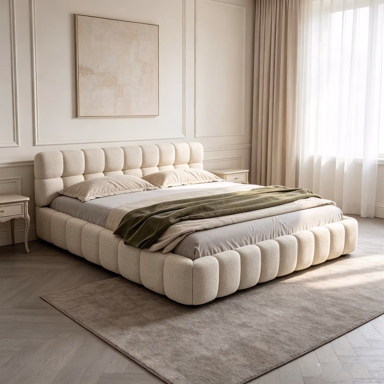 INONEFT Bubble Bett, struttura letto imbottita 160x200 cm, letto matrimoniale con testiera imbottita, letto per ragazzi con rete a doghe e schienale, design basso, colore: lino, beige