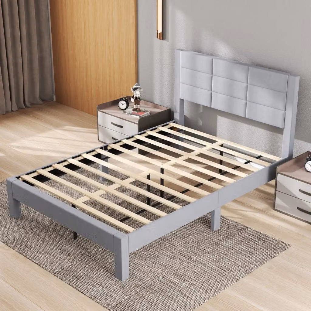 Letto matrimoniale piattaforma imbottito in velluto grigio con supporto in legno L/P: 140 x 200 cm – 2