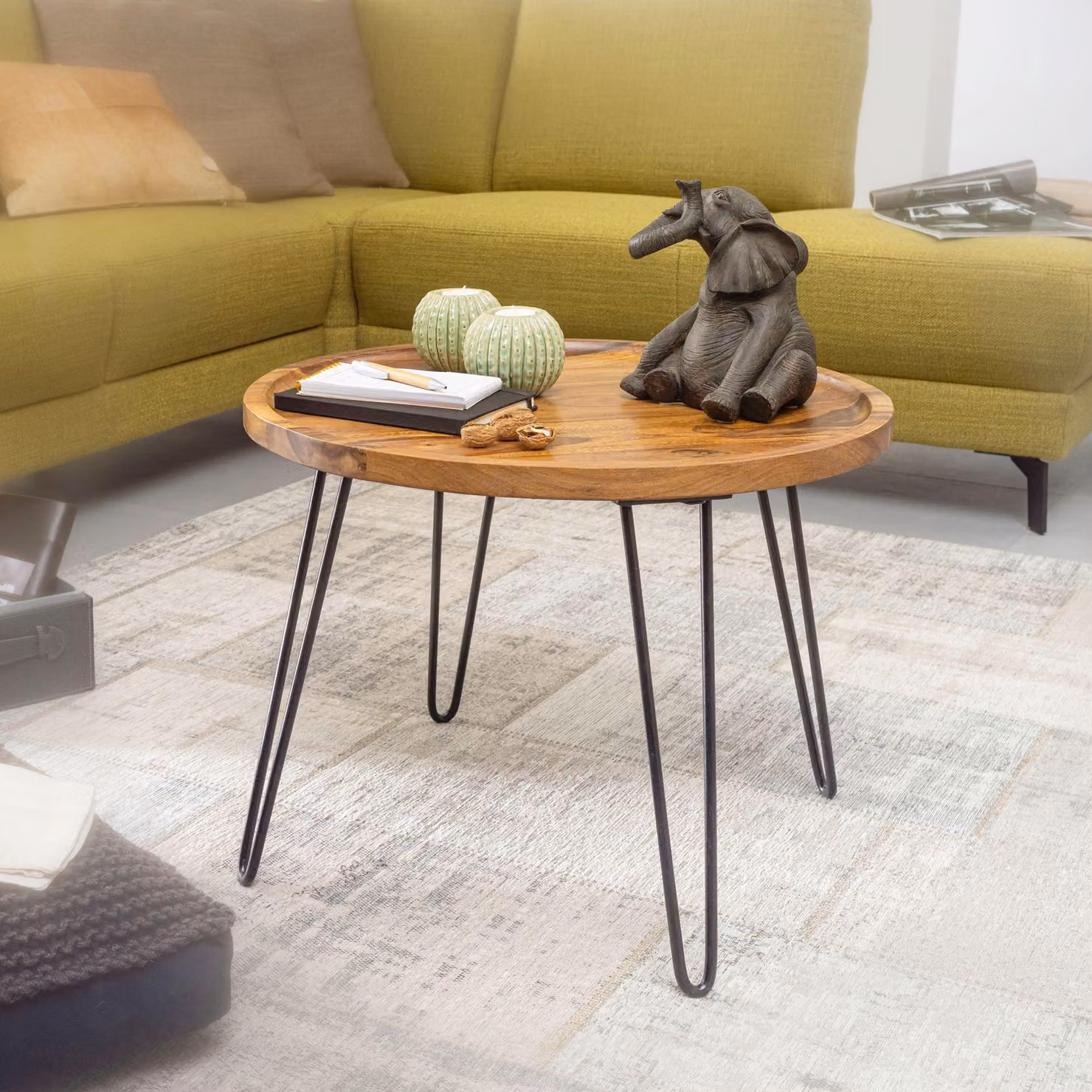FineBuy Tavolino Sheesham rotondo Ø 60 cm - Tavolo da soggiorno in legno massiccio con gambe in metallo dal design retrò - Tavolo in legno fatto a mano alto 45 cm