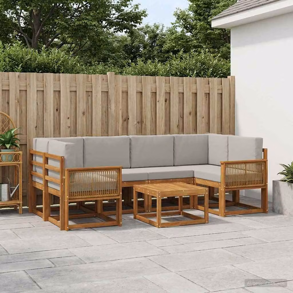 Set di divani da esterno vidaXL 7 pz in legno di acacia con tavolo da caffè e cuscini, forma a L, marrone e grigio