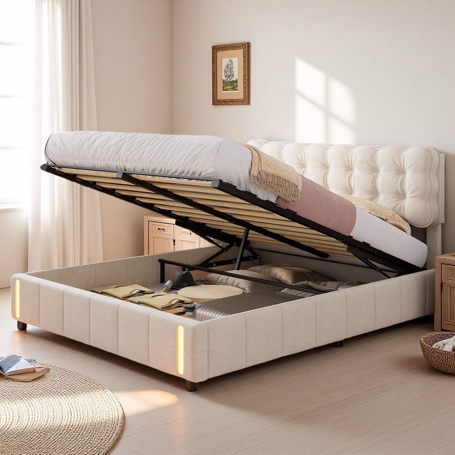 Letto imbottito UnboxG 140×190 cm in beige con contenitore, luce LED sulla pediera - letto matrimoniale elegante, velluto