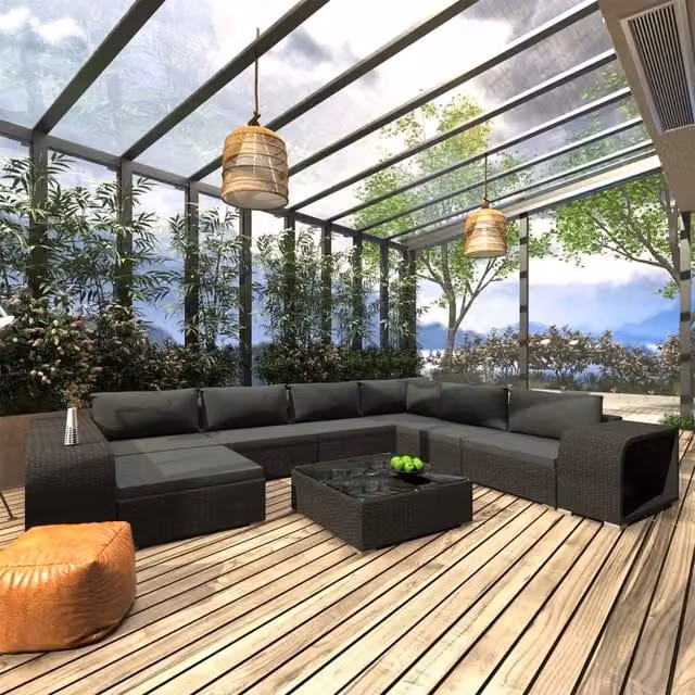 Set da giardino moderno vidaXL composto da 10 pezzi con divani a L, pouf, tavolino e cuscini in polyrattan nero con struttura in acciaio verniciato a polvere – 1