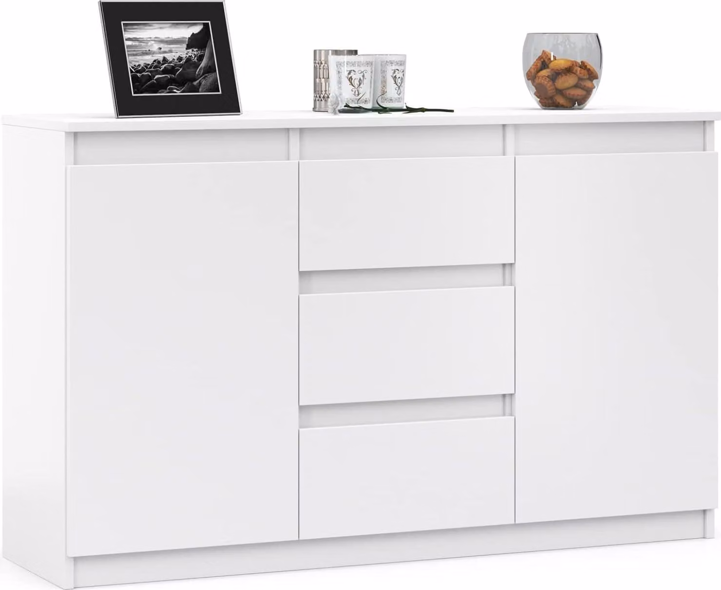 VBChome Comò con 3 cassetti e 2 ante 120 x 35 x 75 cm Bianco Comò senza maniglie Armadio multiuso per corridoio Camera da letto Soggiorno Camera dei bambini