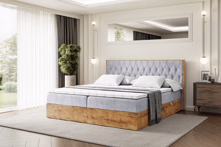 Letto boxspring ALTDECOR LOLLI5 con materasso a molle Bonell, testiera e contenitore in rovere - 160x200 - Velluto grigio chiaro