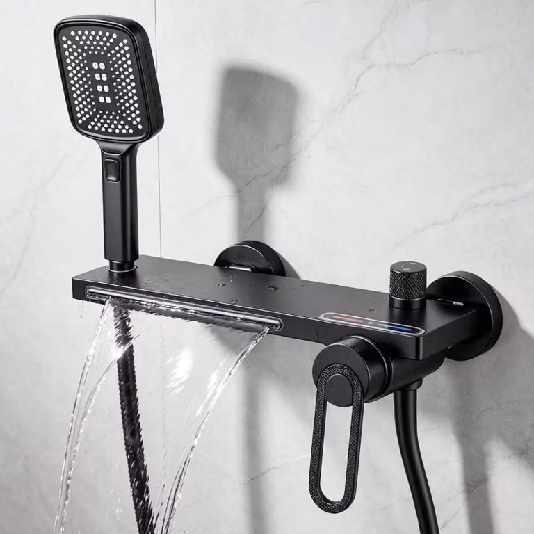 Miscelatore per doccia a cascata con soffione manuale, nero, in acciaio inossidabile, da montare a parete