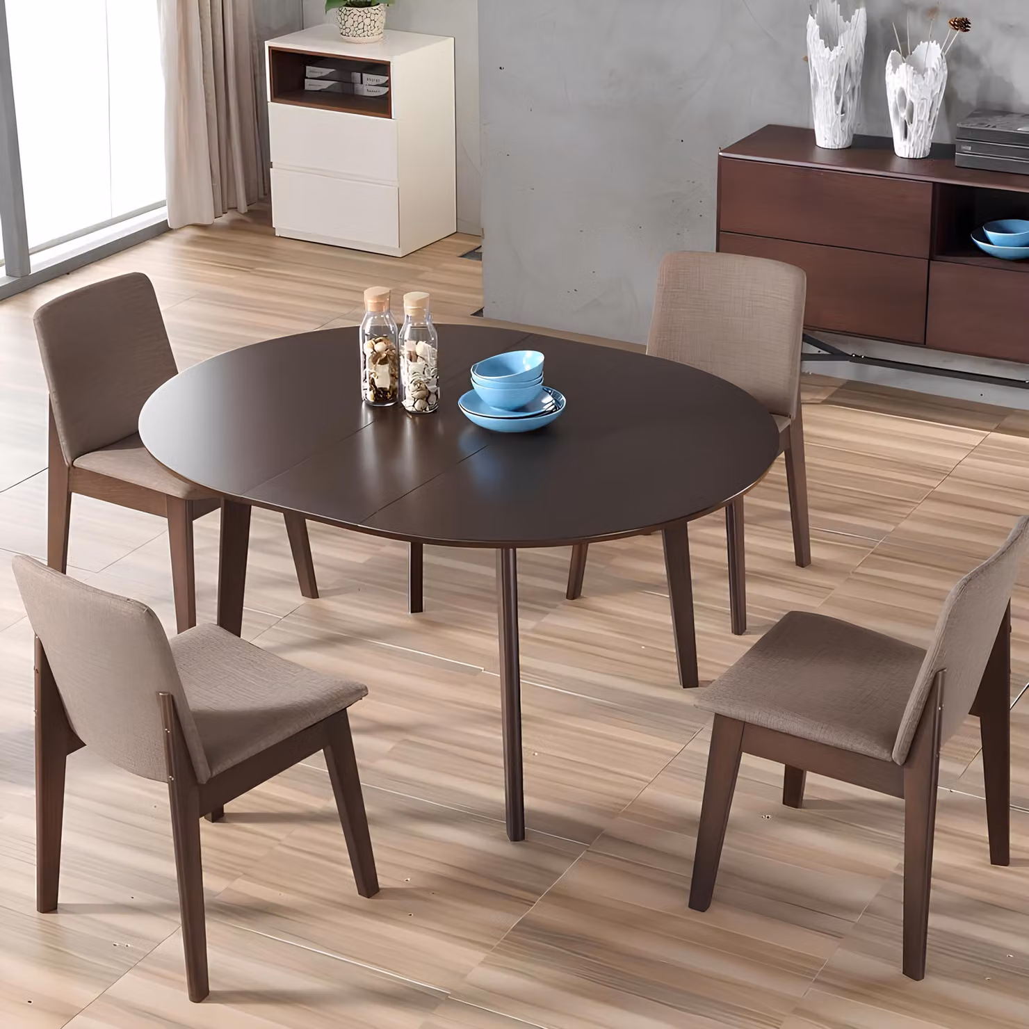 Design Holz Ess Lehn Stuhl Wohn Zimmer Garnitur Polster Set Tisch + 4 Stühle
