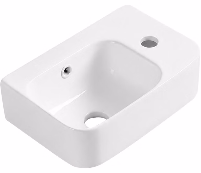 Lavabo in Vetroceramica Pulo, modello sospeso, lato destro, bianco lucido, dimensioni 37x25 cm