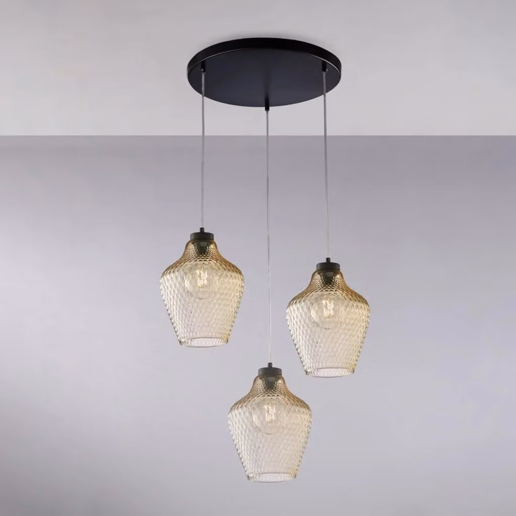 Lampada a sospensione Maya Belight con 3 luci in metallo nero e vetro soffiato ambra trasparente – 2