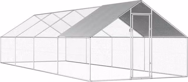 Pollaio da esterno in acciaio zincato color argento con tetto in PE, L/P/H: 8 x 2,75 x 1,92 m