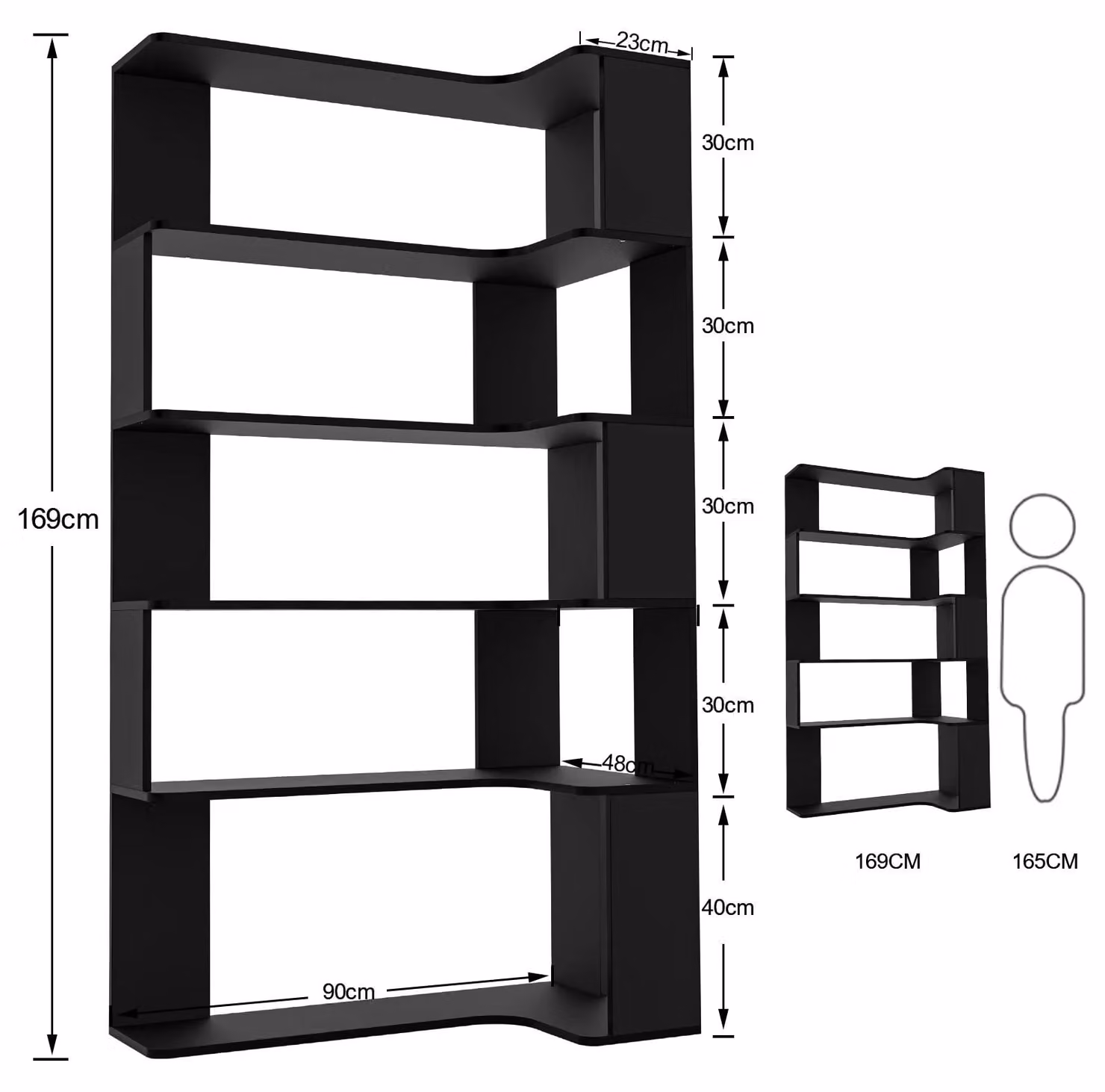 Libreria angolare a 5 ripiani - Libreria a forma di L - 5 ripiani - Materiale: legno - Da montare - Colore: nero - Dimensioni: 90 x 64,8 x 169 cm
