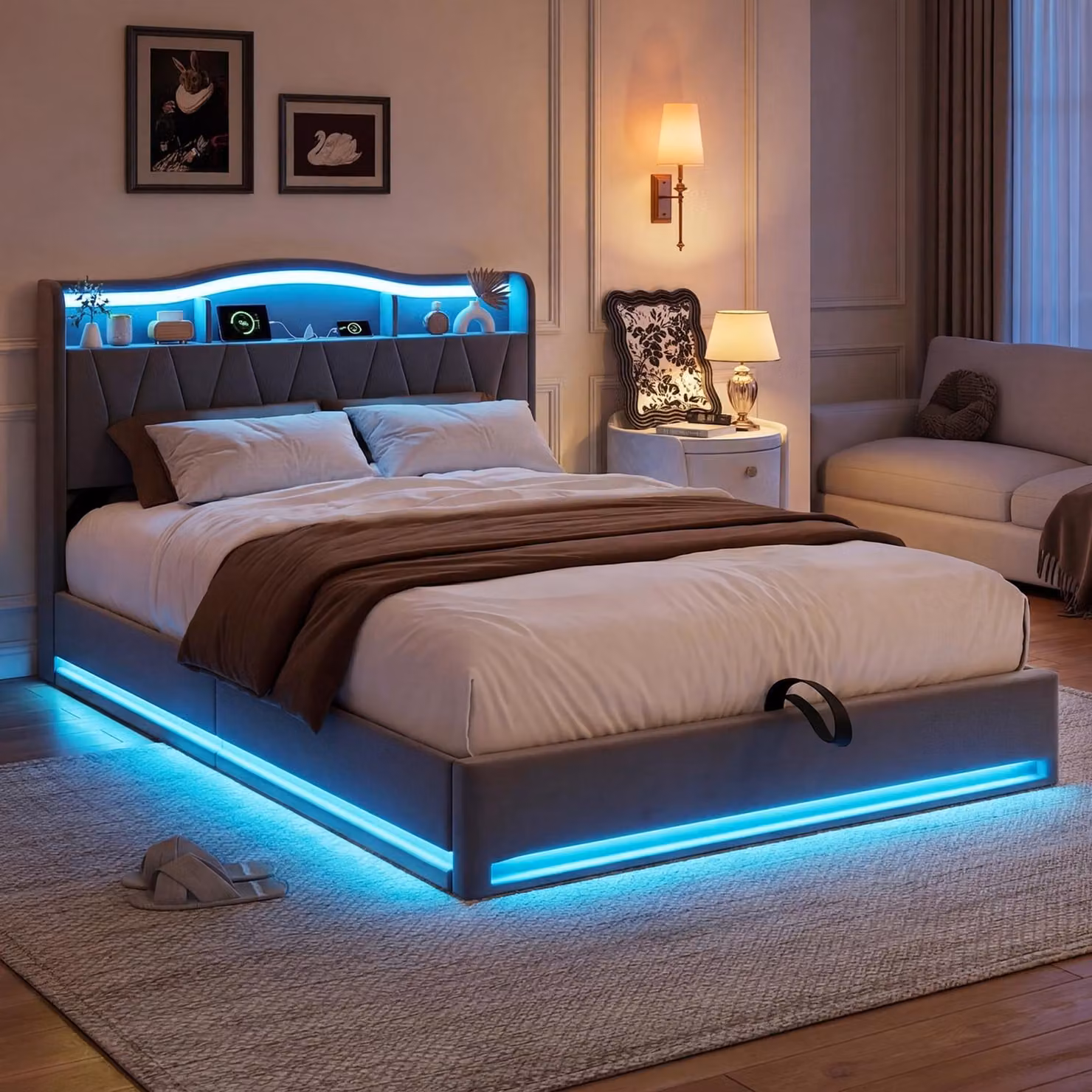 Letto imbottito ProximaX 160x200 cm in grigio, rivestimento in velluto, letto a scomparsa con testiera con vano portaoggetti, illuminazione a LED RGB, presa USB, vano portaoggetti idraulico, rete a doghe