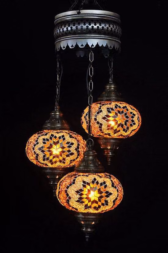 Lampada a sospensione a 3 sfere in vetro mosaico marrone - Lampada a sospensione turca con 3 sfere in vetro mosaico - Lampada orientale
