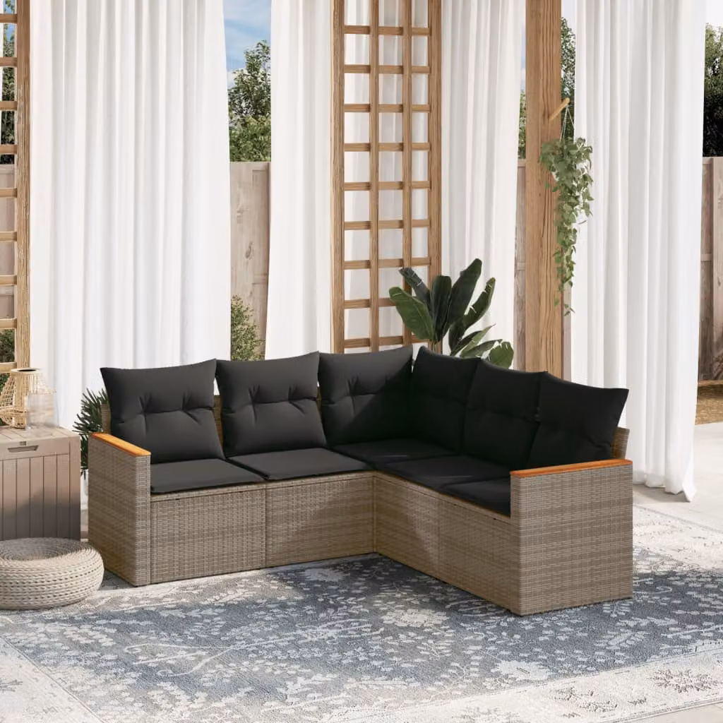 vidaXL Set Divano da Giardino a L 5 pz in Polyrattan Grigio con Cuscini Imbottiti e Rivestimenti Rimovibili – 1