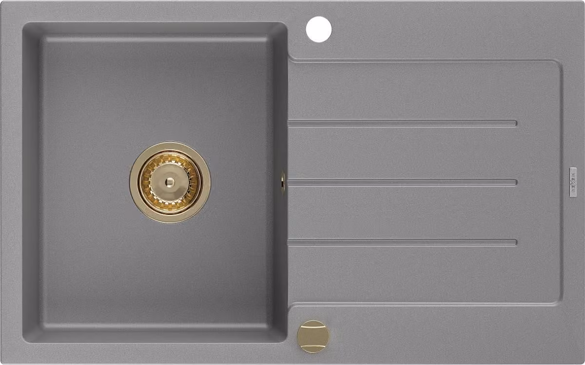 Mexen Bruno lavello cucina in granito 1-vasca con sgocciolatoio 795 x 495 mm, grigio, sifone dorato - 6513791010-71-G