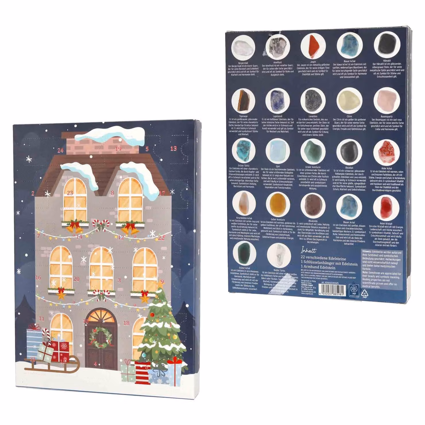 Calendario dell'Avvento con pietre preziose, comprensivo di 22 pietre preziose, 1 portachiavi a forma di ciotola e 1 braccialetto - Calendario dell'Avvento e di Natale