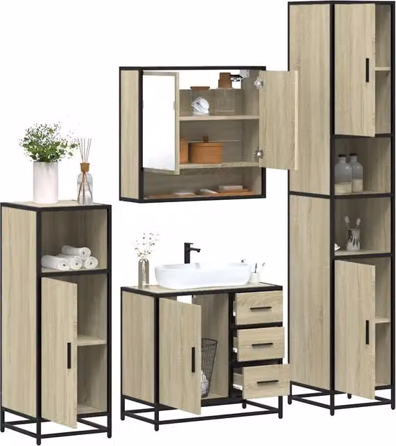 Set di mobili da bagno industrial vidaXL composto da 4 pezzi in legno e metallo, colore marrone e beige, con armadietto specchio, mobile lavabo, mobile laterale e colonna alta – 2