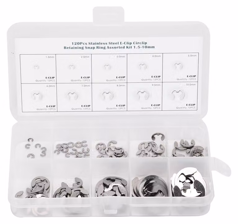 Kit assortito da 120 pezzi di rondelle E-Clip per anelli di sicurezza esterni in acciaio inossidabile da 1,5 mm a 10 mm