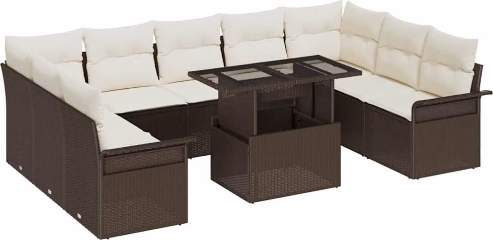 Set Divano da Giardino con cuscino 10 pcs Marrone Poly Rattan