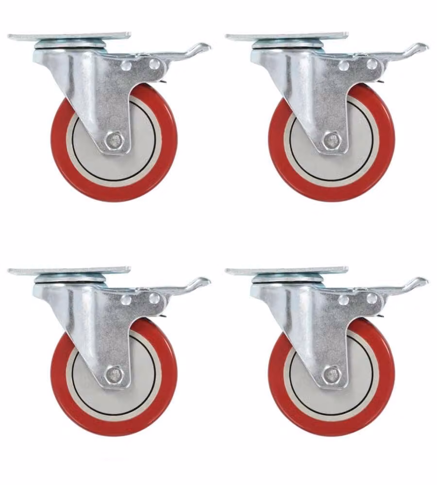 Set di 4 Ruote Girevoli con Doppio Freno vidaXL, Diametro 100 mm, Colore Rosso