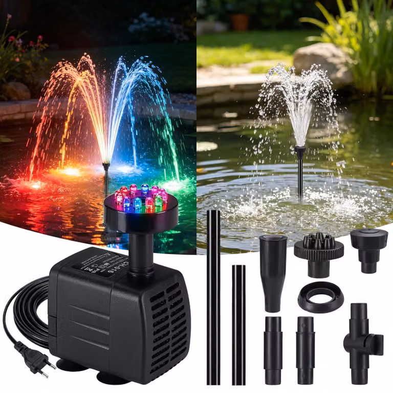 Pompa per fontana da esterno, con luci a LED, portata di 800 litri/ora, potenza di 16 watt, dotata di 3 ugelli
