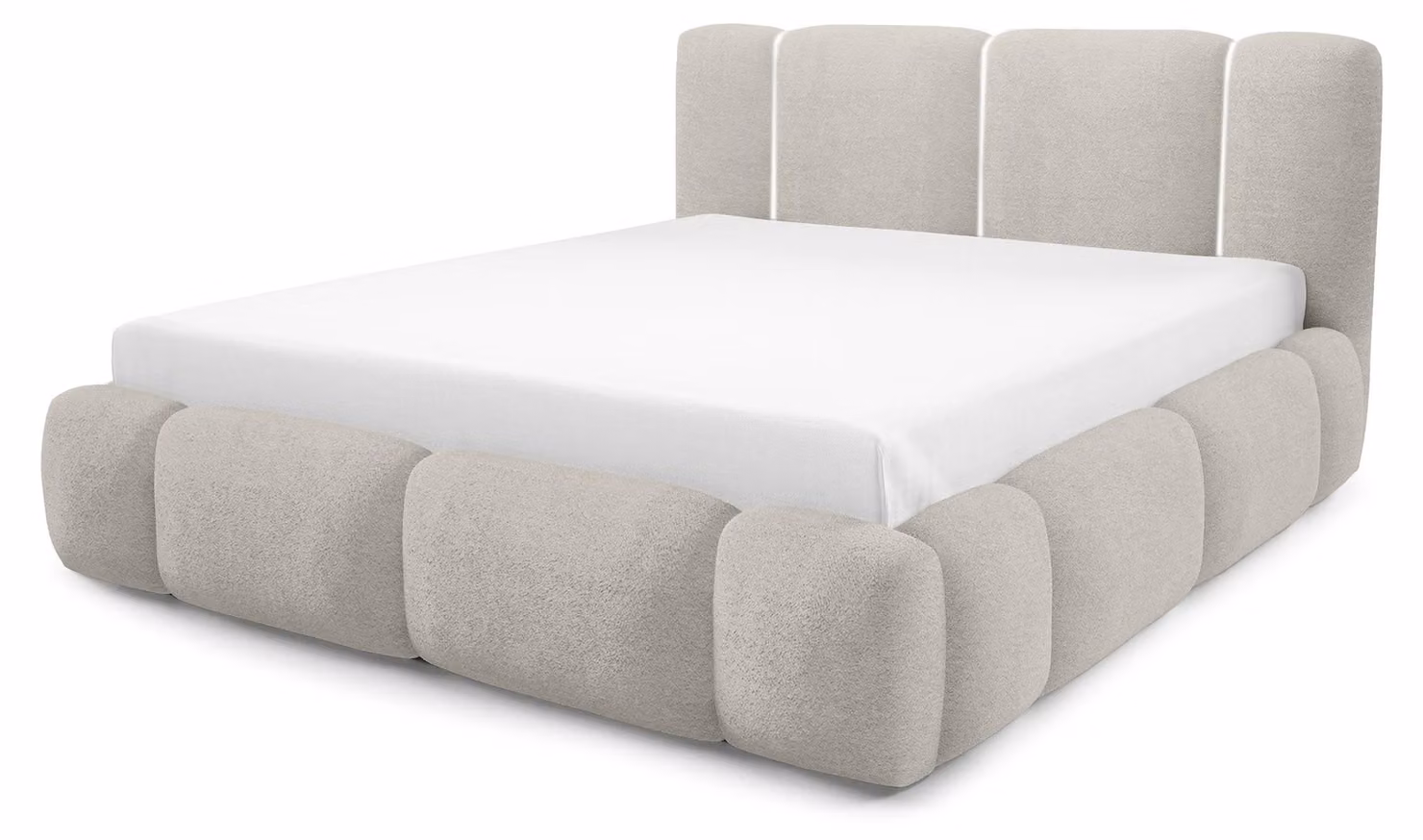 Letto imbottito con contenitore integrato, modello Neria, colore panna, dimensioni 140 x 200 cm