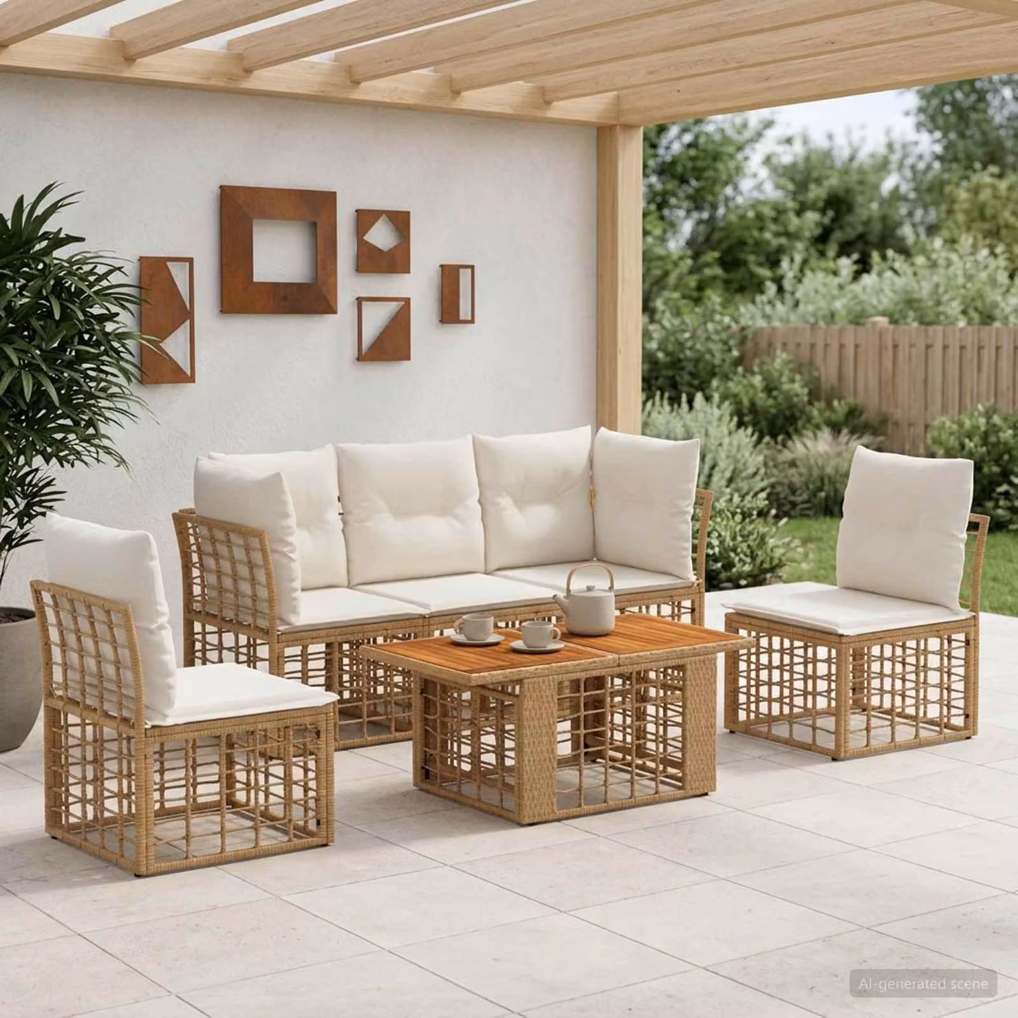 Set Divano da Giardino vidaXL 6 Pezzi a Forma di L in Polyrattan con Tavolino e Cuscini, Colore Naturale e Beige